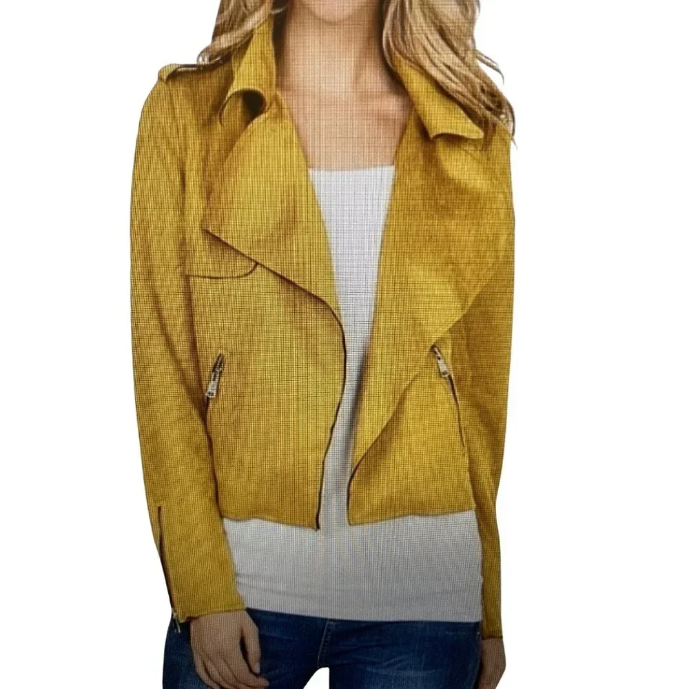 Women's L Mustard Yellow Philosophy Open Front Faux Suede Moto Jacket XS NWT - Picture 2 of 9